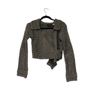 Anthropologie Hand Knit by Dollie Wrap Sweater Small S Gray Metallic Cropped EUC